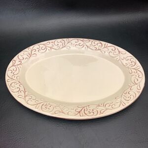 Large Oval 10X15 Inches Serving Platter Ivory Maroon Etching Christmas Valentine